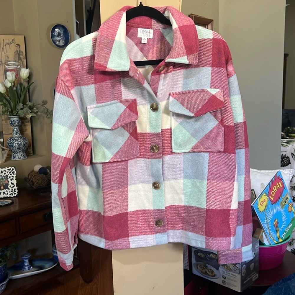 Time and Tru Pink and Mint Plaid Button-Front Shacket